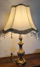 Lampe vintage en onyx laiton, réélectrifiée, abat-jour pampilles, Made in