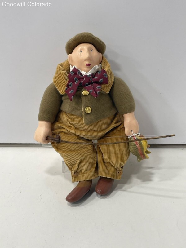 Fisherman Doll Brown Corduroy Outfit Red Bow Tie Holding Fish Figure