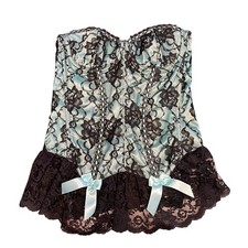 Fredericks of Hollywood Teal Black Lace Corset Bustier Sweetheart Bows Size 36
