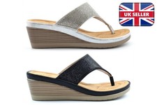 Womens Glitter Sandals Ladies Wedge Heel Sandals Diamante Toe Post Sandals Black