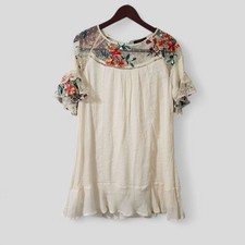 Bluheaven Floral Embroidered Sheer Dress Medium Ivory Cream Shift Flowy Dainty