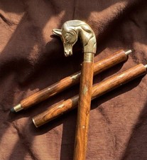 Brass Horse Handle Wooden Walking Cane, Vintage Folding 3-Piece Travel Stick