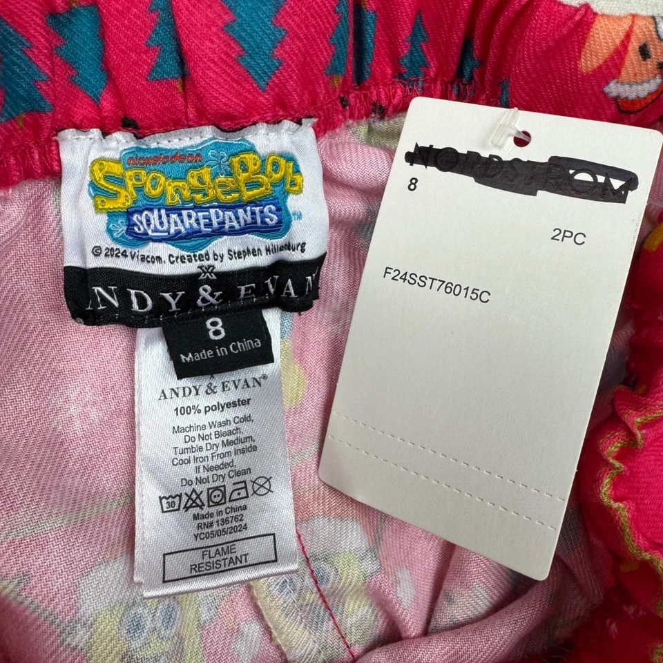 Conjunto de pijama infantil Andy & Evan Bob Esponja calça quadrada tamanho 8 rosa Natal aconchegante - Imagem 4 de 4