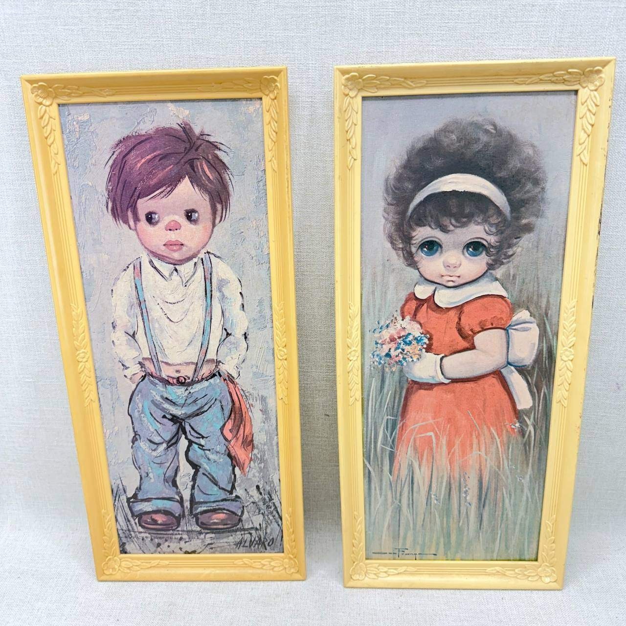 Vintage Big Eye Art Prints Pair Alvaro Boy Franca Girl Yellow Frames 21x9