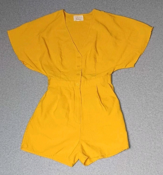 Lost Wander Anthropologie Romper Shorts Womens Size Medium Dark Yellow Vneck...