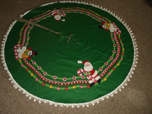 VTG Finished Bucilla Felt Sequin Christmas Tree Skirt Santa Snowman Candy 52"