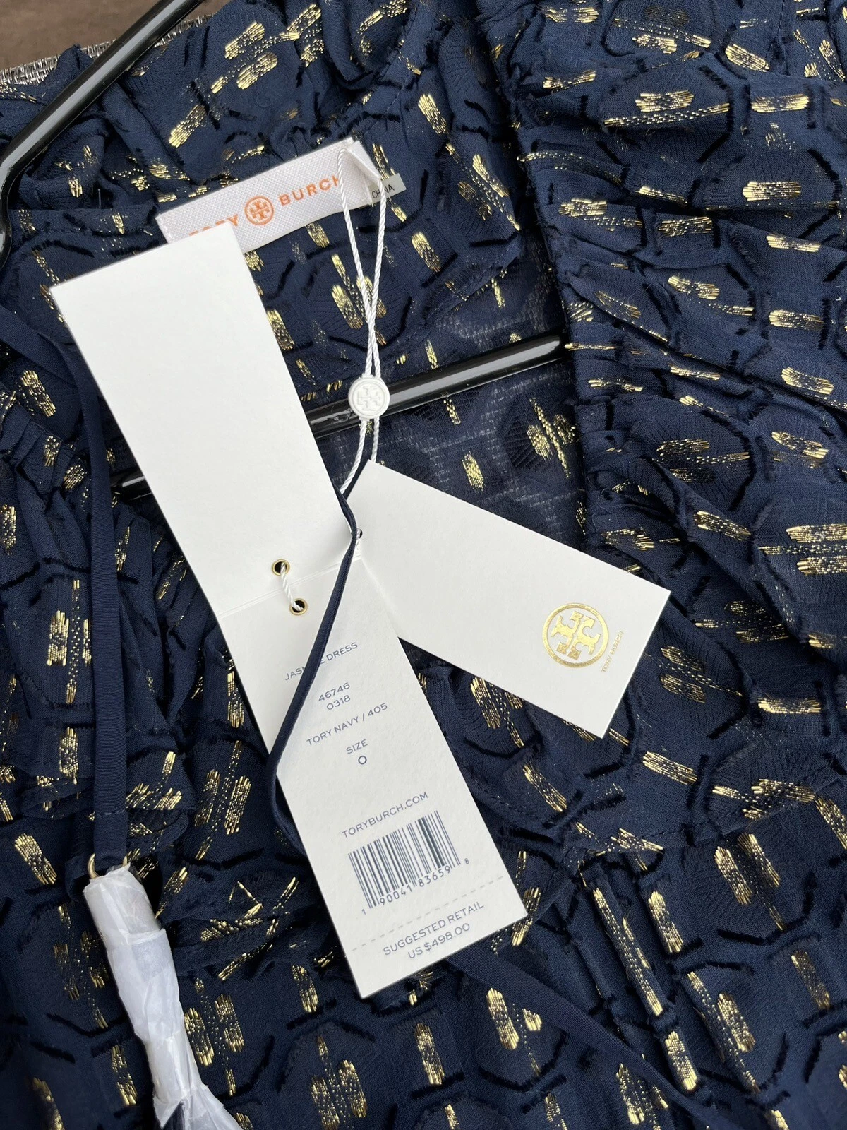 ABITO NUOVO SENZA ETICHETTE TORY BURCH GELSOMINO MISTO SETA VOLANT RIGHE METALLIZZATE BLU NAVY tg 0 $498