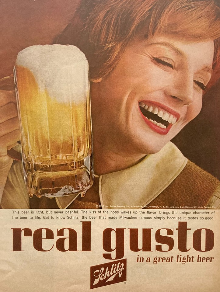 A 1963 Schlitz Beer magazine ad with genuinely odd back-page content — a time capsule of mid-century advertising weirdness perfect for framing.
