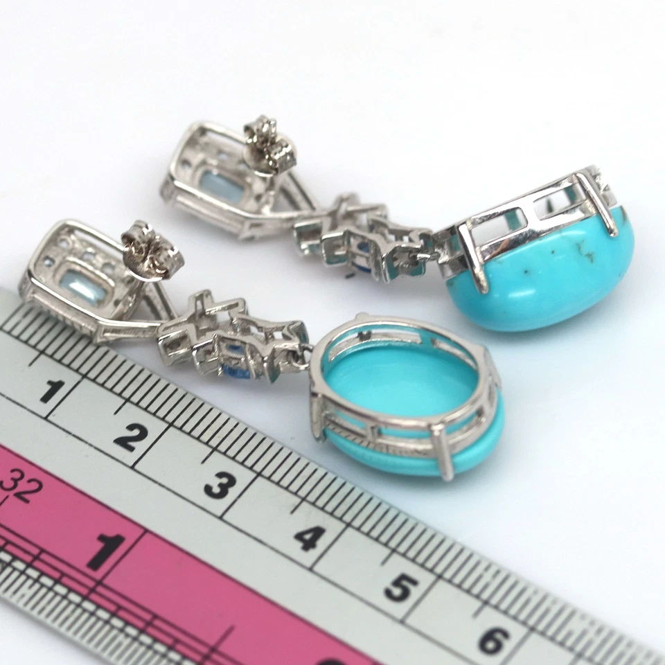 Gemstone 13 X 18 mm. Blue Tuquoise, Topaz & Kyanite Earrings 925 Silver Sterling - Image 3 of 4