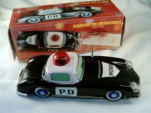 1970's TIN PLATED PD POLICE CAR, FRICTION, CHINA , MF-798, w/ ORGINAL BOX