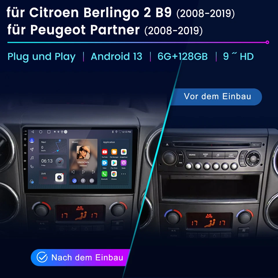 Carplay 6+128GB Android 14 Autoradio GPS DAB Für Citroen Berlingo 2 B9 2008-2019 - Bild 2 von 4
