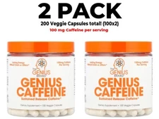 The Genius Brand, Genius Caffeine, 2 PACK, 100 mg, 100 Veggie Capsules 200 total
