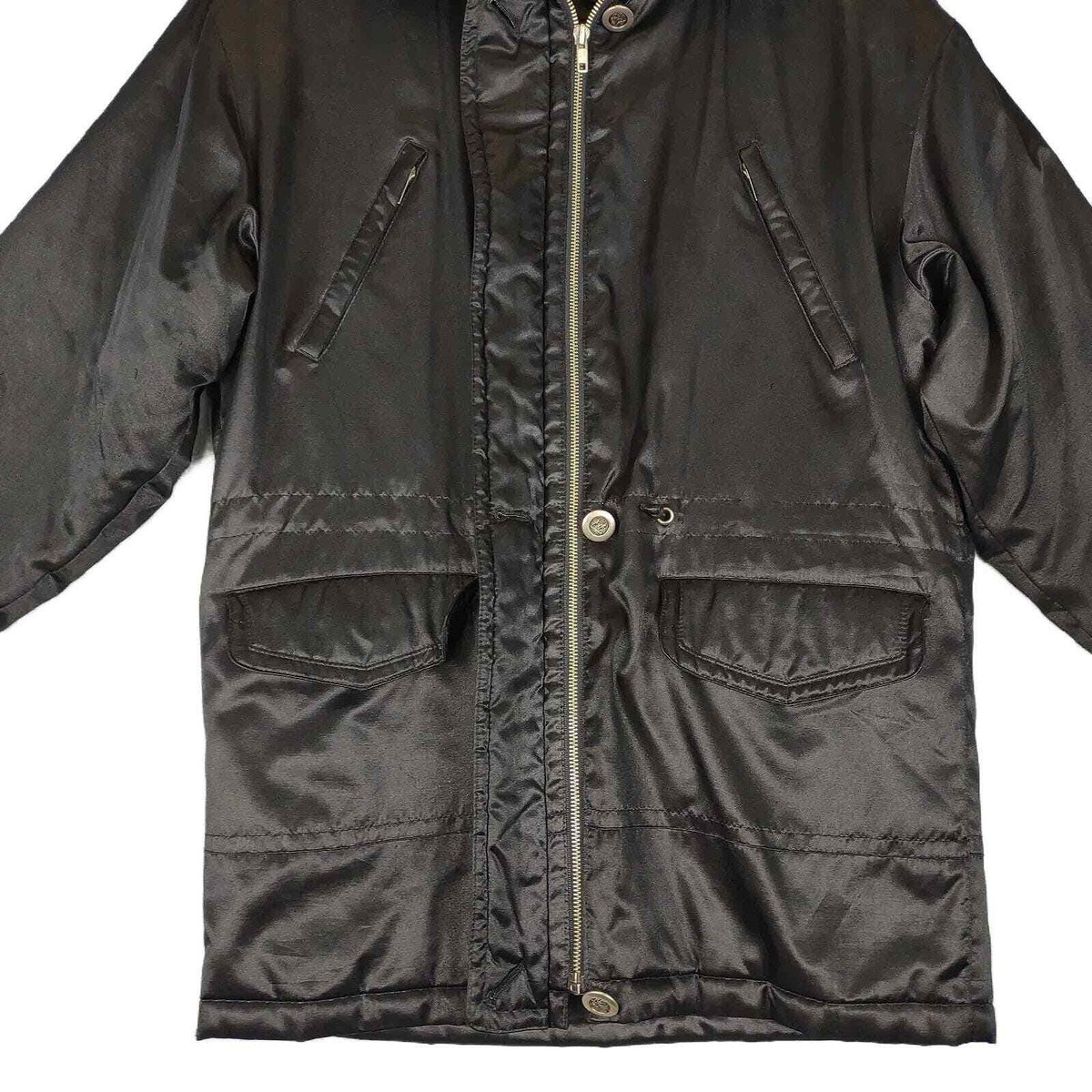 Vtg Y2K GALLERY Black Satin Faux Fur Hood Full Zip Quilted Vtg Y2K GALLERY Black Satin Faux Fur Hood Full Zip Quilted
