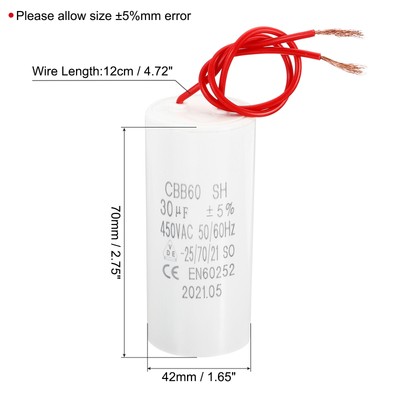 Waschmaschinen-Kondensator CBB60 30µF 450V – Für Motoren, 50/60Hz, 44x96 Mm