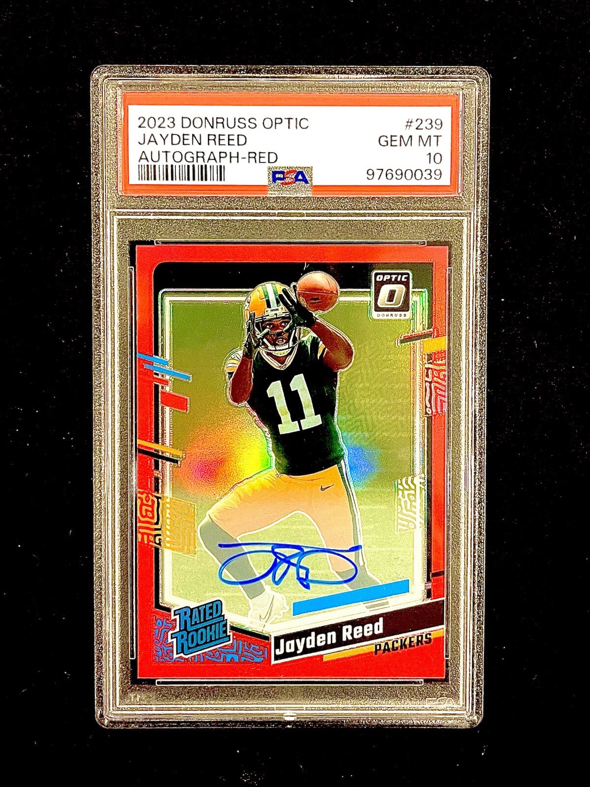 Jayden Reed Rookie Auto /75 PSA 10🔥- 2023 Optic Red Prizm Autographs #239 (RC)