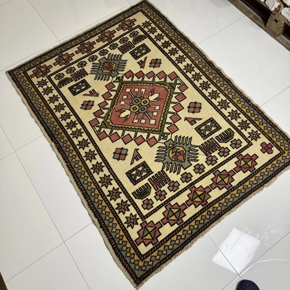 Alfombra Oushak de lana anudada a mano de colección, alfombra Ouhsak oriental 4x5 Foto 2 de 4