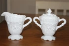 Fenton White Milk Glass Cabbage Rose Lidded Sugar Bowl & Creamer Set Vintage!