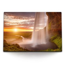 120x80cm Wandbild auf Leinwand Wasserfall Island Seljalandsfoss Sonnenuntergang
