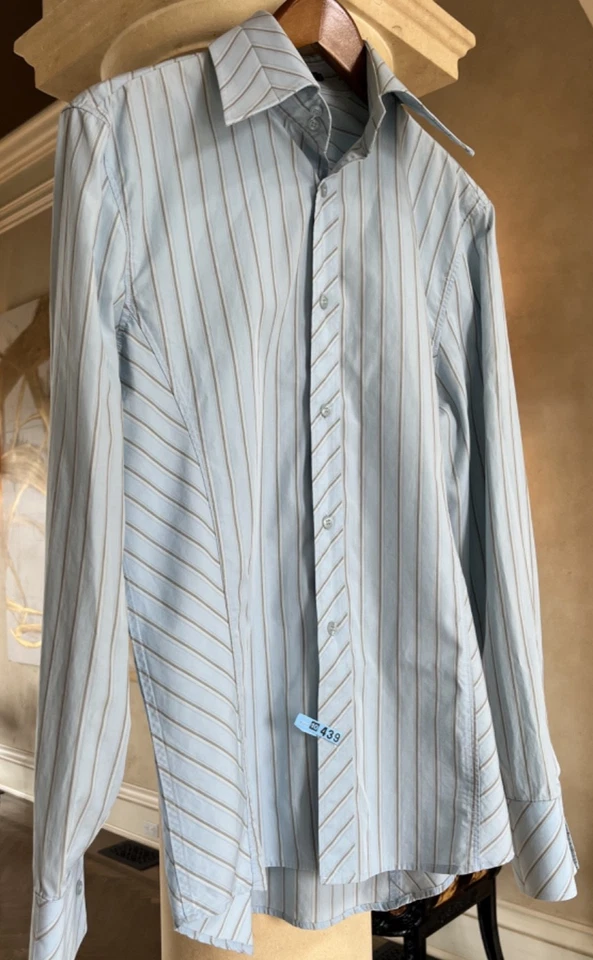 Camisa de vestir J Lindeberg azul a rayas calce ajustado abotonada para hombre, cuello años 70, pequeña Foto 3 de 4