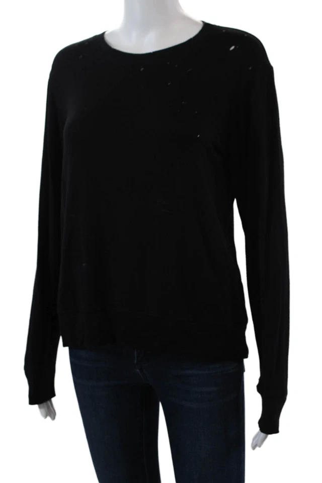 Solow Womens Long Sleeve Scoop Neck Knit Distressed Shirt Black Size Medium - Image 2 of 4
