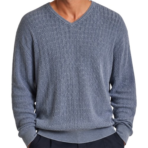 Pendleton, Vintage Pendleton Cable Knit Sweater 80s Pullover V Neck Rib 100% Cotton Blue M