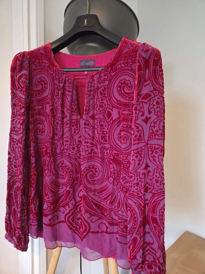 Top túnica Hale Bob LA Burn Out terciopelo floral rojo rosa mezcla seda grande boho lujo Foto 4 de 4