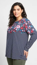 Joules Navy Floral Stripe Long Sleeve Cotton Top Size 18