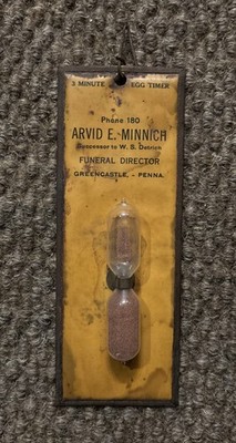 Vintage Greencastle PA Funeral Director Advertising 3 Minute Hourglass Egg Timer