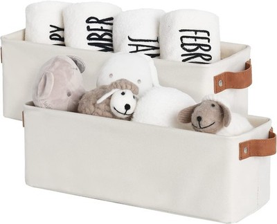 2x Stoff Lange Aufbewahrungskörbe Boxen Beige Griffe Bad Kleiderschrank Deko