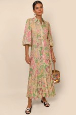 NEW Rixo Georgina Grace Paisley Green Midi Shirtdress Size S