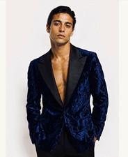 Men's Blue Velvet Tuxedo Jacket Black Satin Shawl Lapel Size M Regular