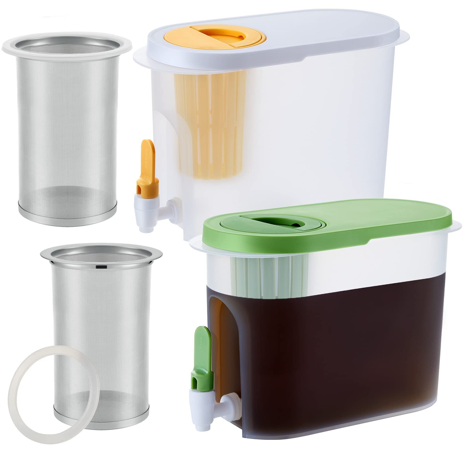 2 Pcs Cold Brew Maker, 1 Gallon Plastic Beverage Dispenser with 2 Filters, Dr...