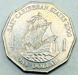 2000 East Caribbean States One 1 Dollar Ship Elizabeth II Actual Coin