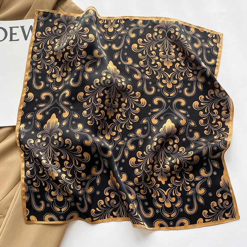 100% Silk Women Neckerchief Wrap Kerchief Bandana Black Paisley 21" Square Scarf