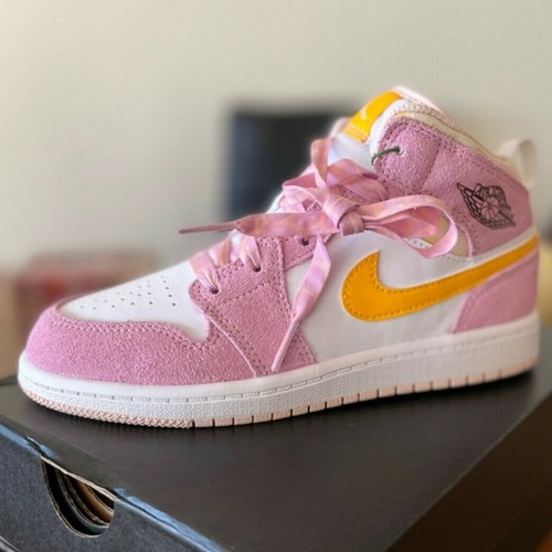 nike air jordan 1 mid SE (PS) bianco/rosa/ora taglia EU 32 cm: 20. NUOVO |  eBay