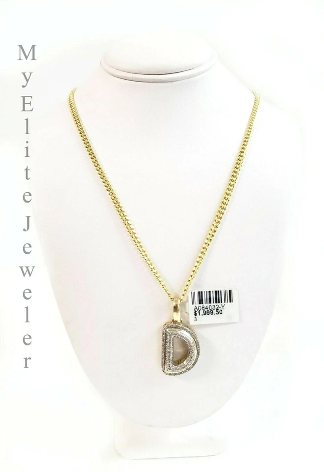 Collar colgante con dije inicial del alfabeto D diamante real cadena oro 10k 3 mm 18"". Foto 4 de 4