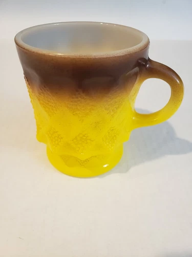 Vintage Anchor Hocking Kimberly Coffee Mug Cup Diamond Yellow Brown VG Cond.  