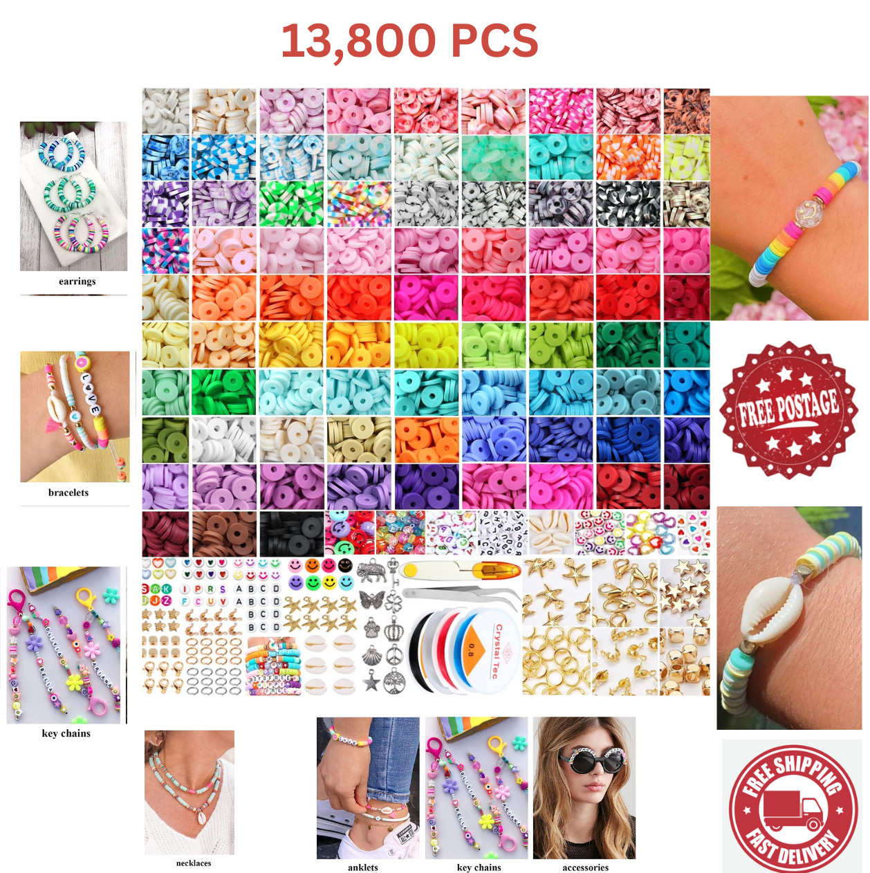 13800PCS Clay Beads for Bracelet Jewelry Pendant Making Kit Elastic Strings UK