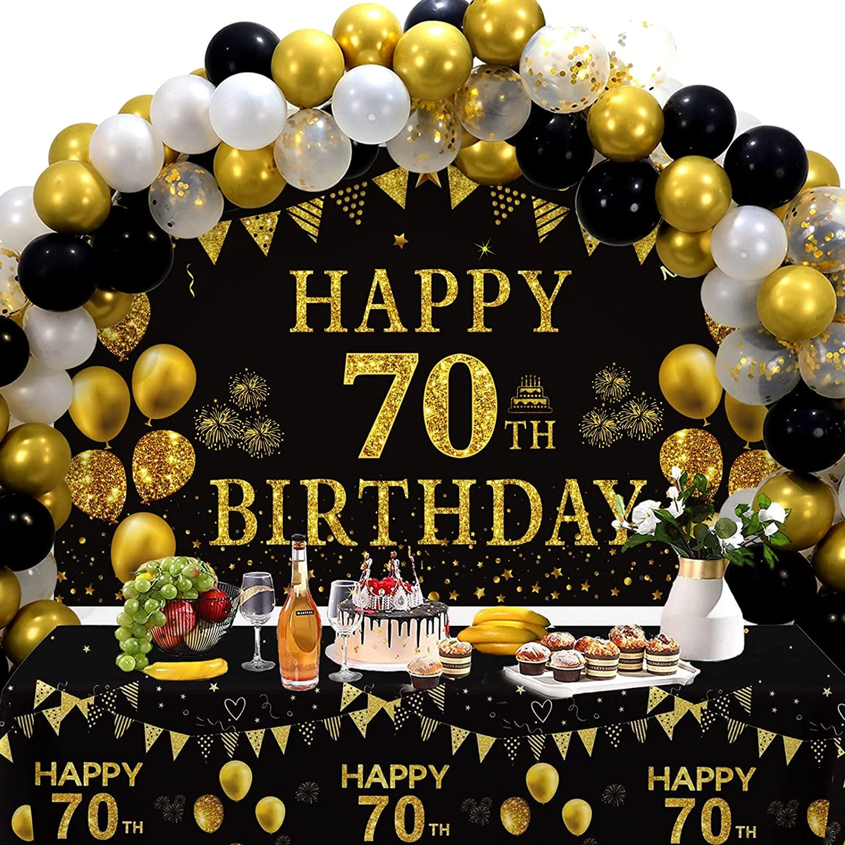 70Th Birthday Decorations Men Women - Black Gold Happy 70 Birthday