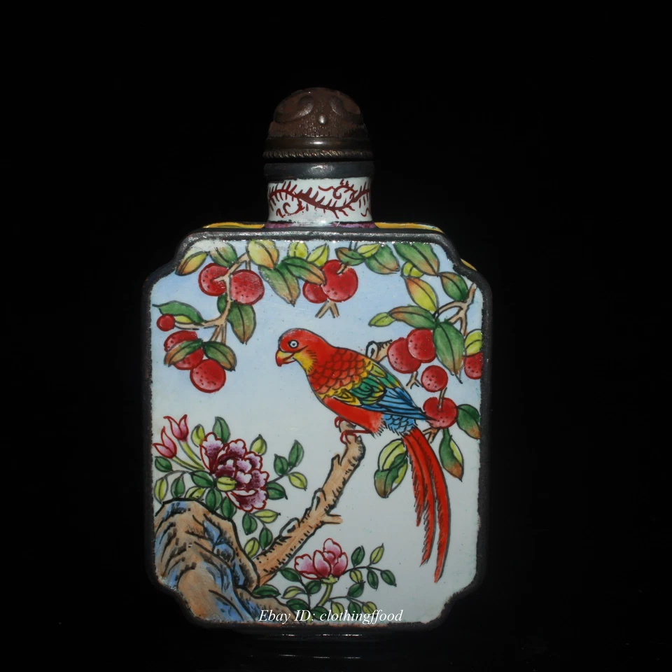 Colecciona adornos para botellas de tabaco de flores y pájaros color esmalte cobre púrpura Foto 2 de 4