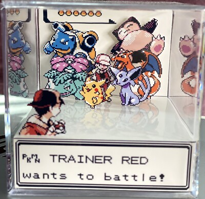Gameboy Color Pokemon Gold 3D Cube Handmade Diorama - Red Battle Scene GBC