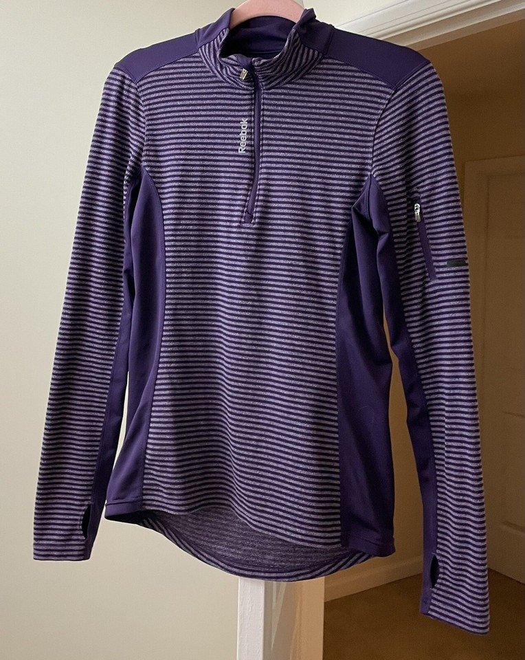 Reebok Athletic Top Quarter Zip Pocket Sleeve Purple Striped Women's