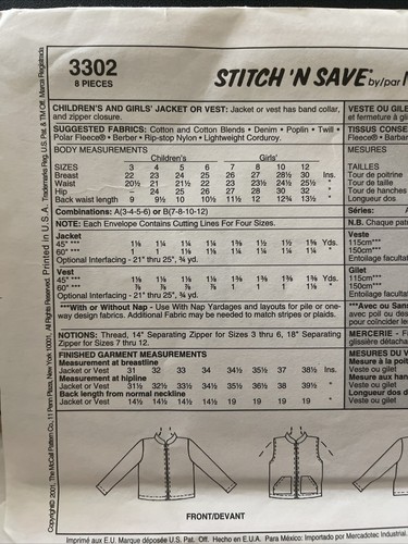 Stitch n Save McCalls Sewing Pattern Jacket Vest 3 4 5 6 Child New Uncut 3302 - Picture 3 of 7