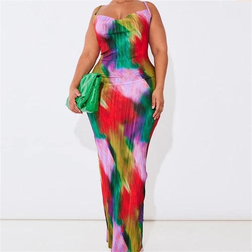 Cowl Neck Plisse Maxi Dress Sleeveless Printed Tank Dress Summer Beach Dresses - Bild 14 von 39