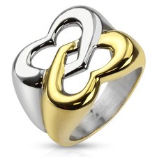 Large Women's Two Tone Steel Gold Plated Duo Hearts Engagement Ring