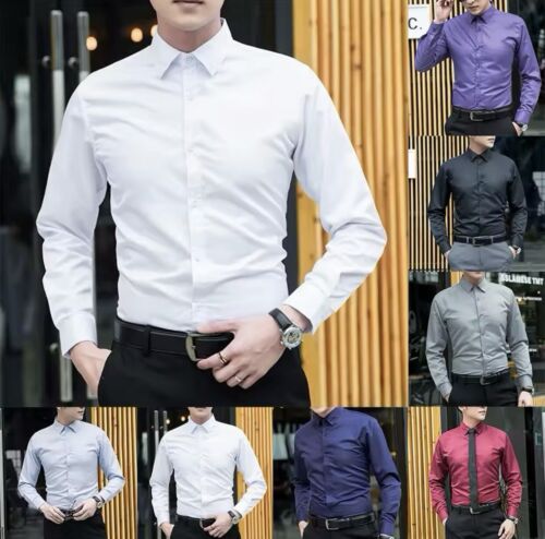 Men Button Down Business Shirts Long-Sleeve Slim Dress Shirt Male Casual Blouse