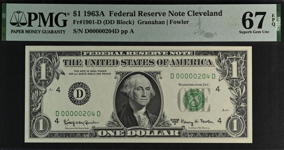 1963A $1 FRN Cleveland PMG 67EPQ February 4 birthday low serial number 00000204 - Image 2 of 3