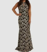 NW Nightway Women's Gold Keyhole Halter Neck Lace Gown Dress Petite Size 14P
