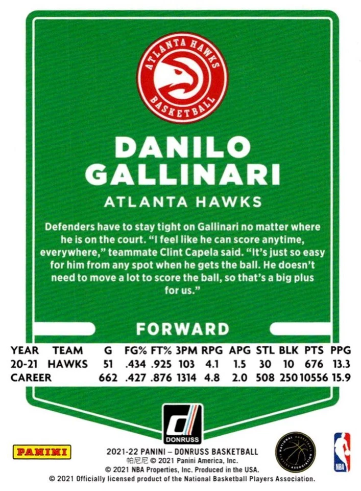 2021-22 Donruss Red Danilo Gallinari Atlanta Hawks #37 - Image 2 of 2