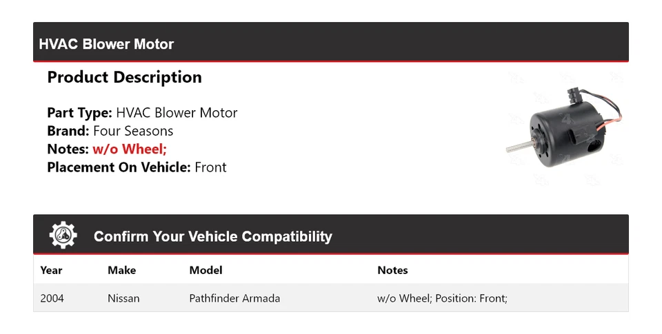 Para Nissan Pathfinder Armada 2004 soplador de climatización motor delantero 4 estaciones Foto 2 de 4